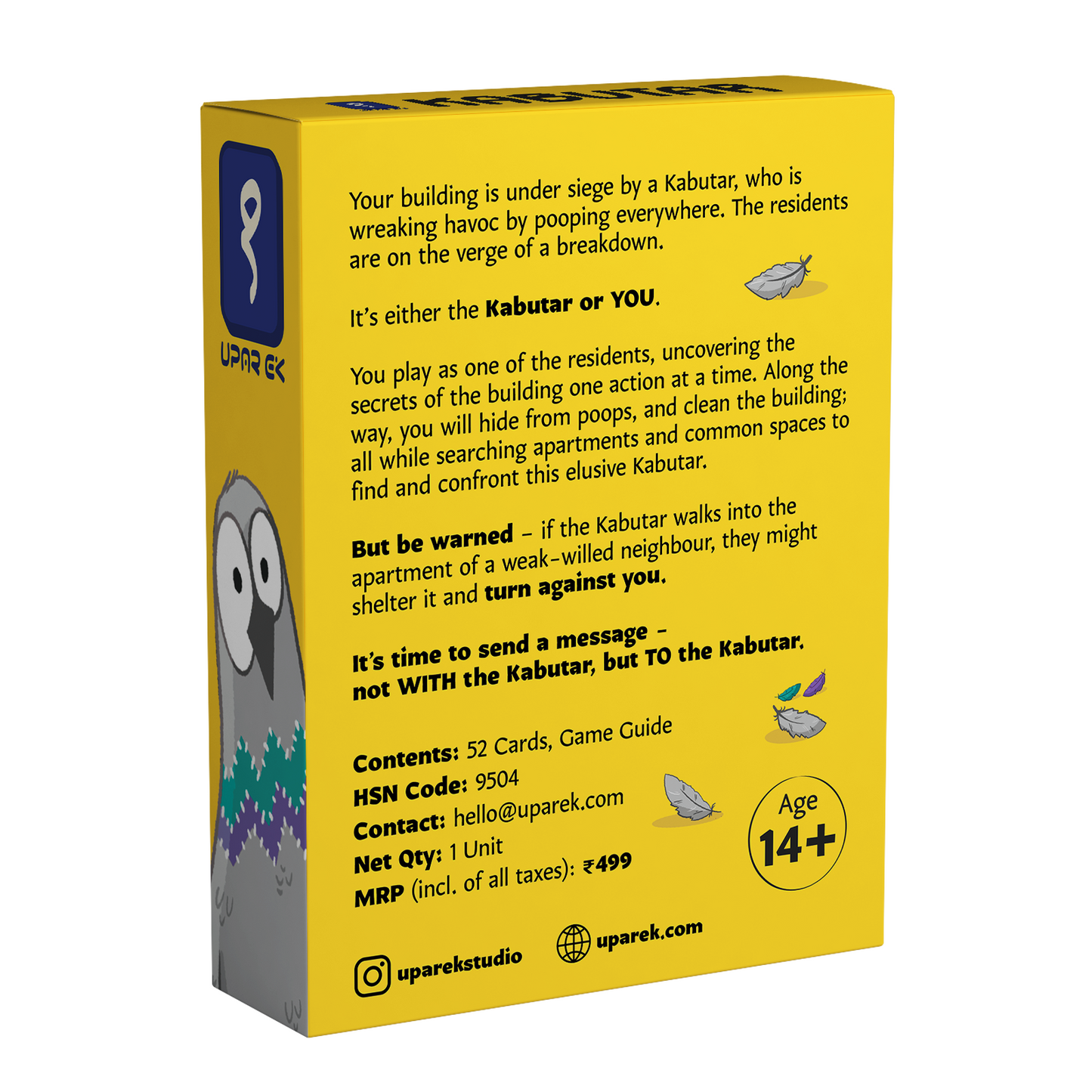 Back of the box with text and graphics for a game or product, featuring a stylized illustration.